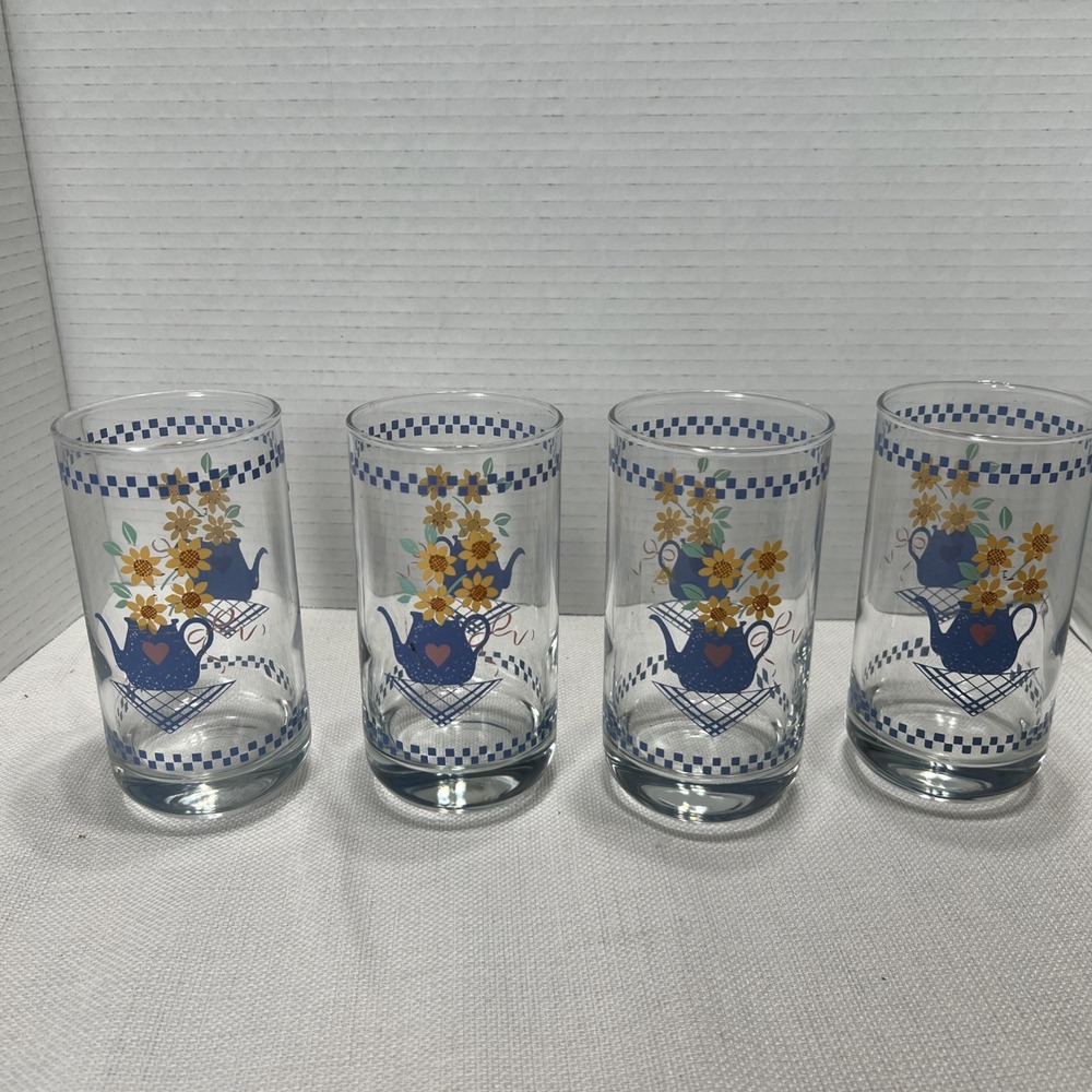 4 Vtg 1986 Hallmark Watering Can Flowers Checkerboard Heavy Bottom 12 Oz Glasses